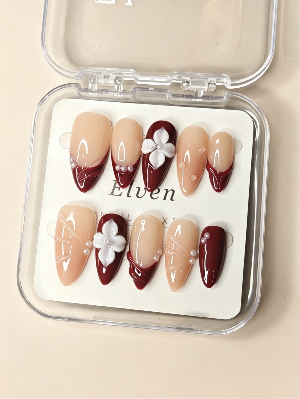 Nude & Red Handmade Press On Nails White Floral & Pearls Medium Length Almond